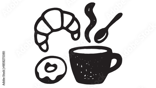 Black Coffee Cup with Croissant and Donut