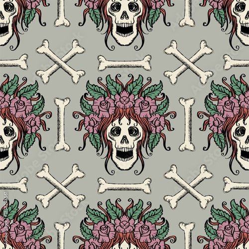 Seamless pattern with skulls and pink rose flowers. Vector illustration.