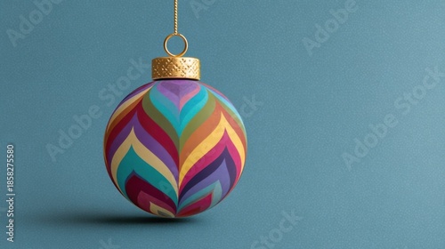 A decorative Christmas tree ornament hangs from a thin gold string,