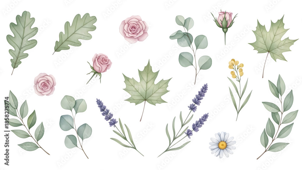 Obraz premium Watercolor floral arrangement with delicate leaves and blossoms isolated on transparent background