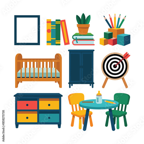 Children bedroom interior vector with baby crib books toys furniture and playroom decor