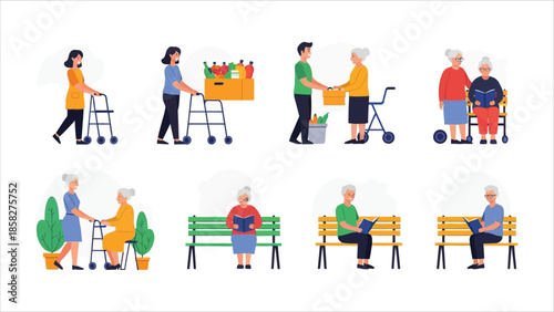 olunteers helping elderly and disabled people vector illustration set.