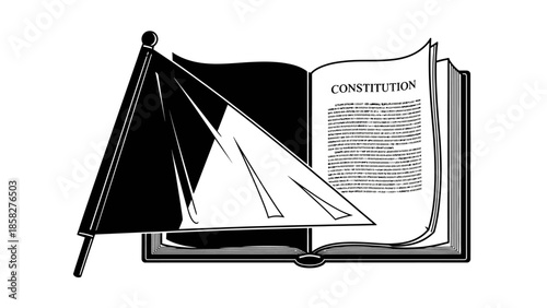 Open Constitution Book with Waving Flag Symbol.