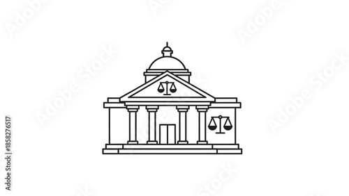 Outline Drawing of a Classical Courthouse Building with Scales of Justice.