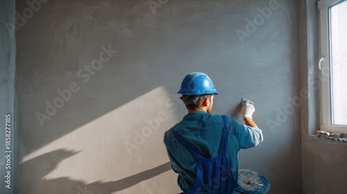 A construction worker in a blue hard hat and gloves is plastering a wall with a trowel,