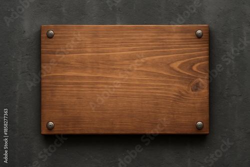 Empty wooden signboard with realistic wood texture and metal bolts on dark stone wall background, perfect for branding or message display concept. Ai generative