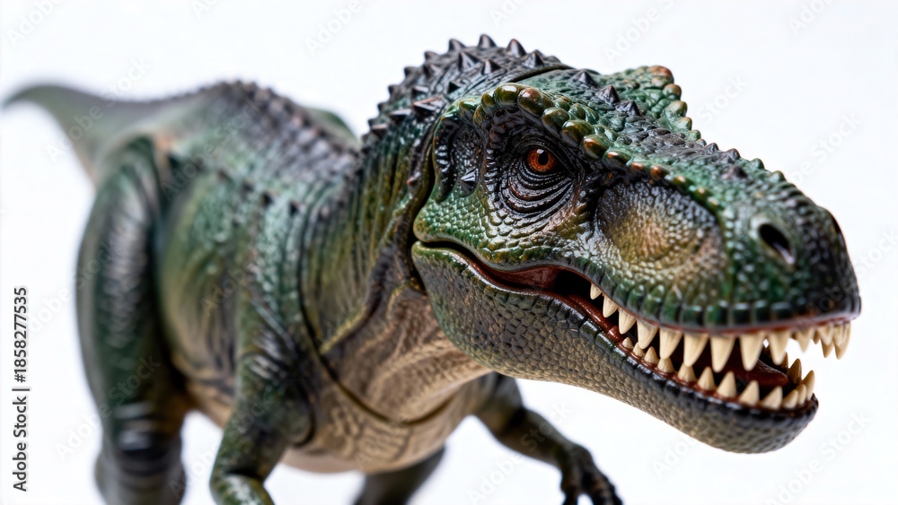 Fototapeta premium A dinosaur model with its mouth wide open in a black-and-white photo - suitable for science popularization display scenarios