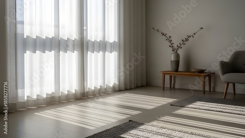 Minimalist bright living room interior with white curtains and morning sunlight on wooden floor