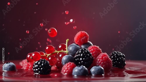 Colorful assortment of fresh raspberries, blueberries, and blackberries with juice on a dark surface.