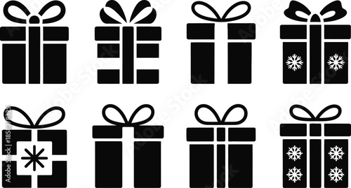 Collection of black silhouette gift box icons with various ribbon and snowflake designs