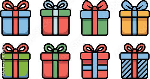 Colorful collection of eight festive gift boxes with bows, perfect for celebrations and holidays