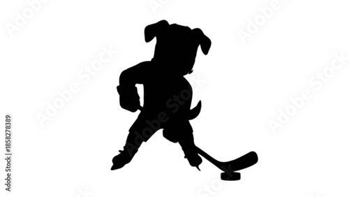 Silhouette of an active dog playing ice hockey, skillfully handling the puck with its stick.