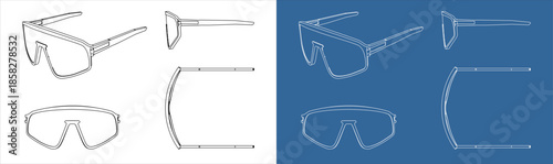 Orthographic Technical Plan of Sport Sunglasses with Measurement Layout