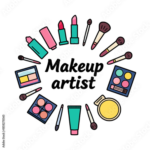 Colorful makeup artist tools in circular arrangement