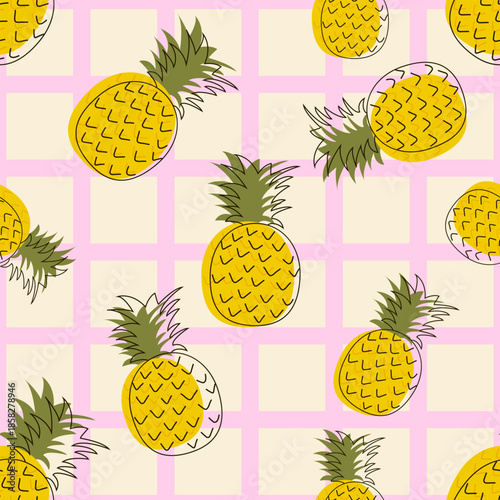 Seamless pattern with hand drawn pineapples on pink checkered background. Playful tropical fruit texture for fabric, wallpaper, wrapping paper, packaging and surface design