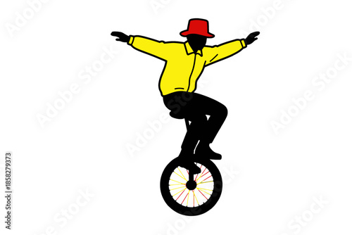 Man in red hat riding unicycle with arms outstretched