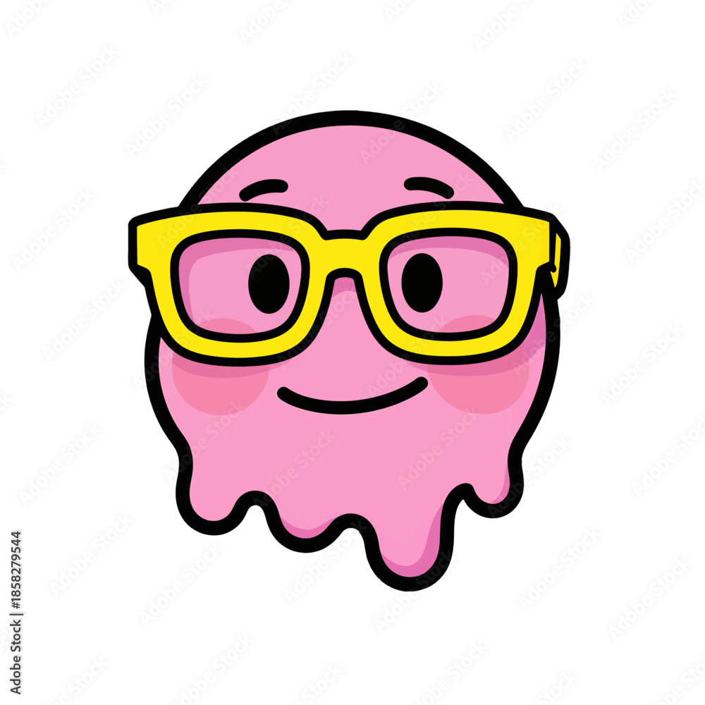 Fototapeta premium Pink cartoon character with yellow glasses smiling