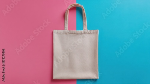 A light beige canvas tote bag sits against a vibrant pink and blue split background,