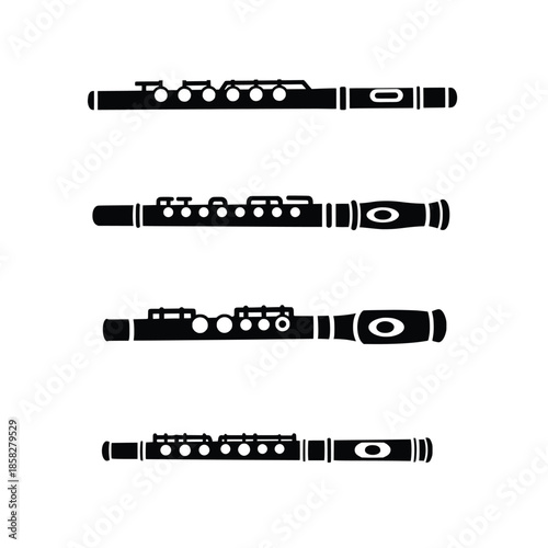 Flute Silhouette Icon Set – Black Woodwind Musical Instrument Vector