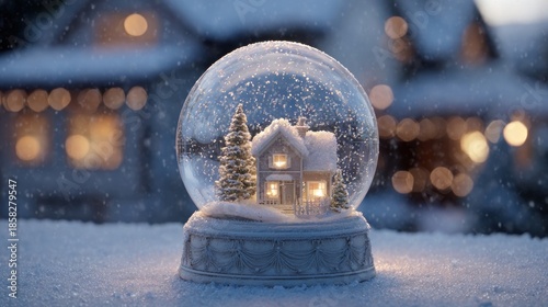 elegant snow globe scene during a gentle snowfall,