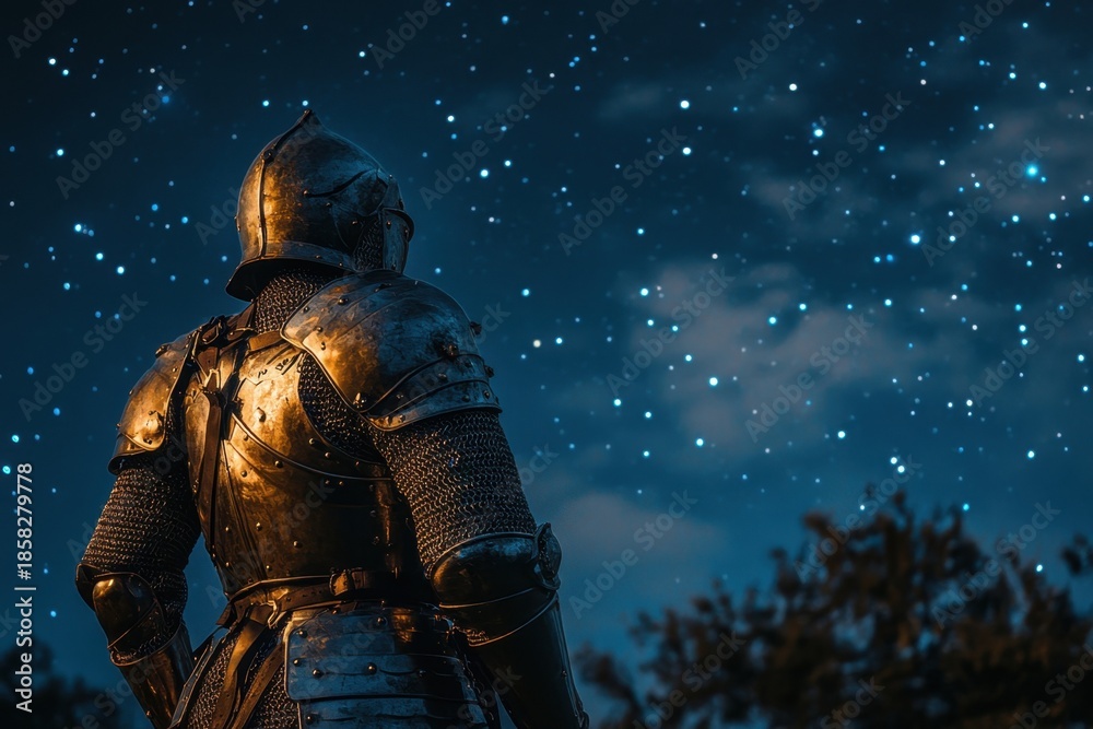 Fototapeta premium Knight in shining armor gazing at a starry sky during a quiet night
