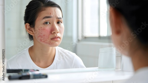 Woman Examining Redness and Skin Irritation in Mirror