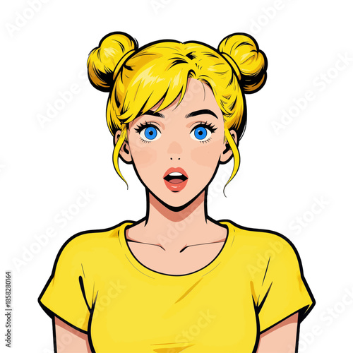 Surprised blonde cartoon girl wearing yellow shirt