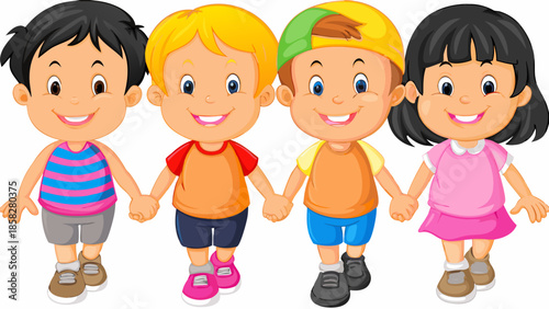 Four cheerful children holding hands showcasing diversity and friendship