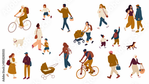 Diverse group of people walking cycling and enjoying a day outdoors