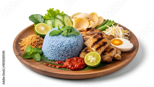Nasi Kerabu: A culinary masterpiece features the vibrant colors and fresh flavors of Nasi Kerabu, showcasing a plate artfully arranged with blue rice and grilled chicken. 