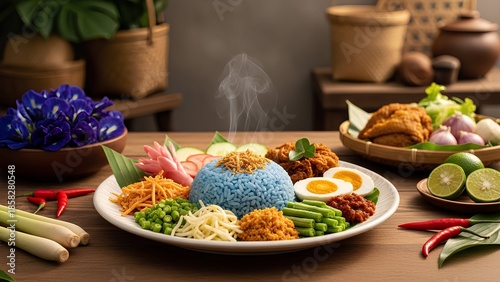 A Culinary Symphony: A vibrant array of carefully arranged dishes graces a wooden table, promising a delightful culinary journey. Steam gracefully rises from the central plate call Nasi Kerabu