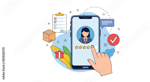 Customer review and service rating concept with a hand selecting stars on a smartphone profile screen with shopping icons.