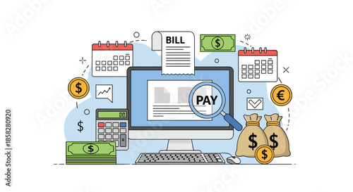 Online bill payment and financial management concept featuring a computer screen with pay button, bills, and money bags.