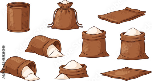 Flour packaging vector set, burlap sacks, powder containers, bulk storage illustration, kitchen ingredient design, flat vector illustration