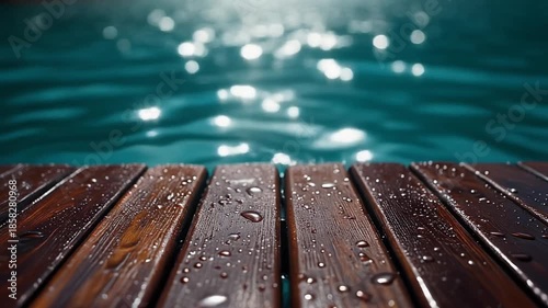 Sunlit wooden pool deck with sparkling water droplets and reflections.