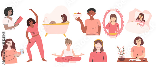 Vector set of self care illustrations. Daily lifestyle, mental health concept with cute woman. Slow life concept with peoples vector set. Relax activities, beauty routines. Selfcare stickers set.