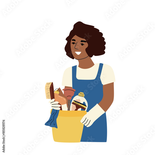 Cartoon woman cleaner with dark skin. Vector illustration isolated. Home cleaning worker.