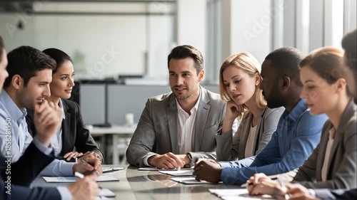 Diverse Business Team Engaged in Strategic Meeting in Modern Office Environment