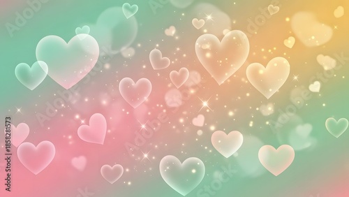Dreamy romantic bokeh background with floating transparent hearts and sparkling lights