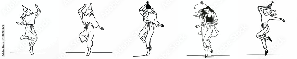 Fototapeta premium vector line art of a woman small jumping happily on New Year's