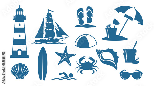 Nautical sea travel icons lighthouse boat beach vector set