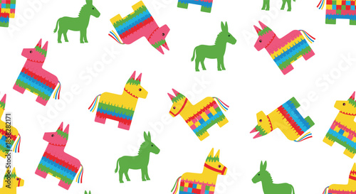 Seamless pattern of colorful donkey pinatas and green silhouettes for Mexican fiesta birthday celebration party background wallpaper textile and festive event decoration,