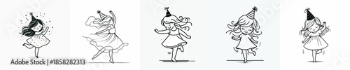 vector line art of a little girl small jumping happily on New Year's