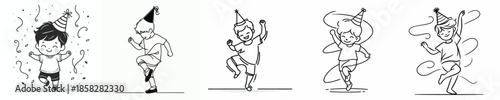 vector line art of a little boy small jumping happily on New Year's