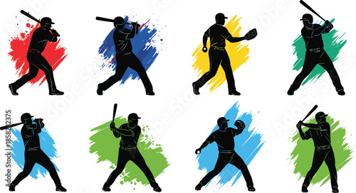 Baseball players in dynamic poses with colorful backgrounds