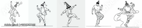 vector line art of a man small jumping happily on New Year's