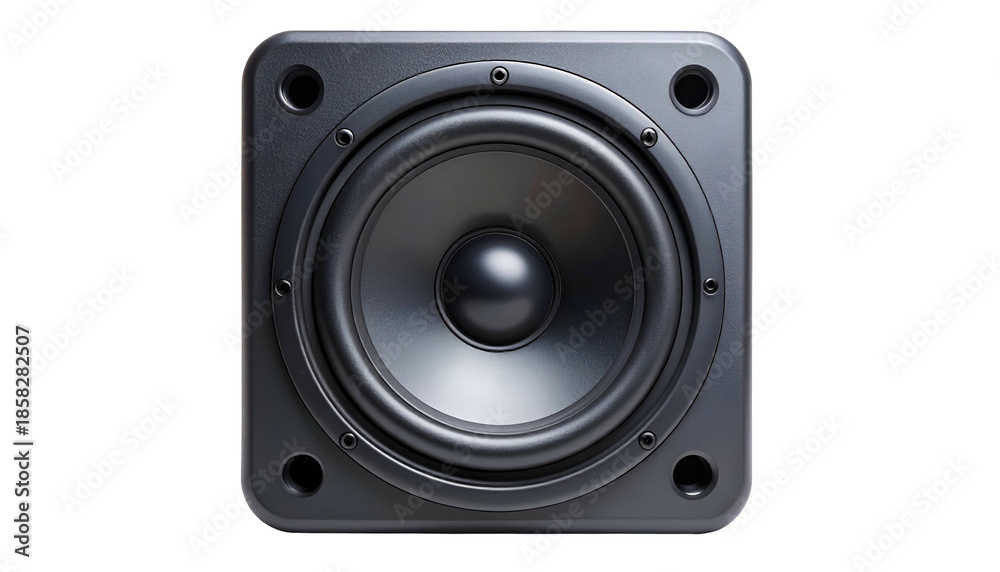 Fototapeta premium Square speaker cabinet with a centered woofer, surrounded by a dark, soft-shadowed background