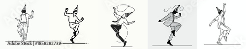 vector line art of a man small jumping happily on New Year's