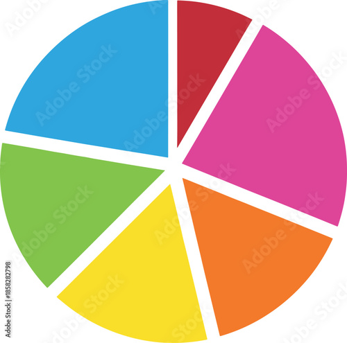 Colorful segmented pie chart with vibrant hues for data and information visualization