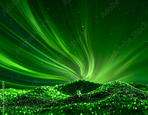 Abstract emerald-green scene of glowing lines over textured, glittering terrain